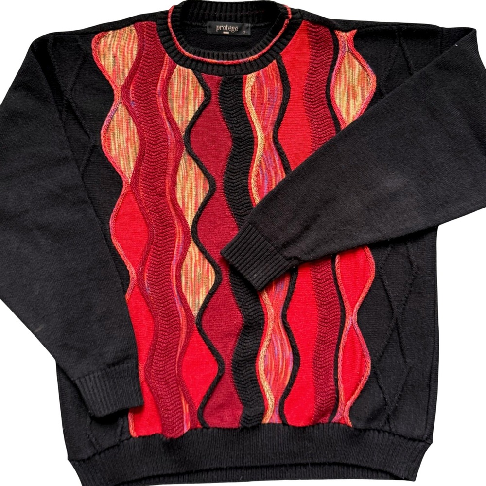 Protege Vintage 3D Knit Sweater Textured Coogi Style Crewneck Black Red 90s